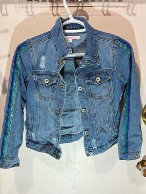 Blue Denim Jacket with Glitter Green-Blue Stripes
